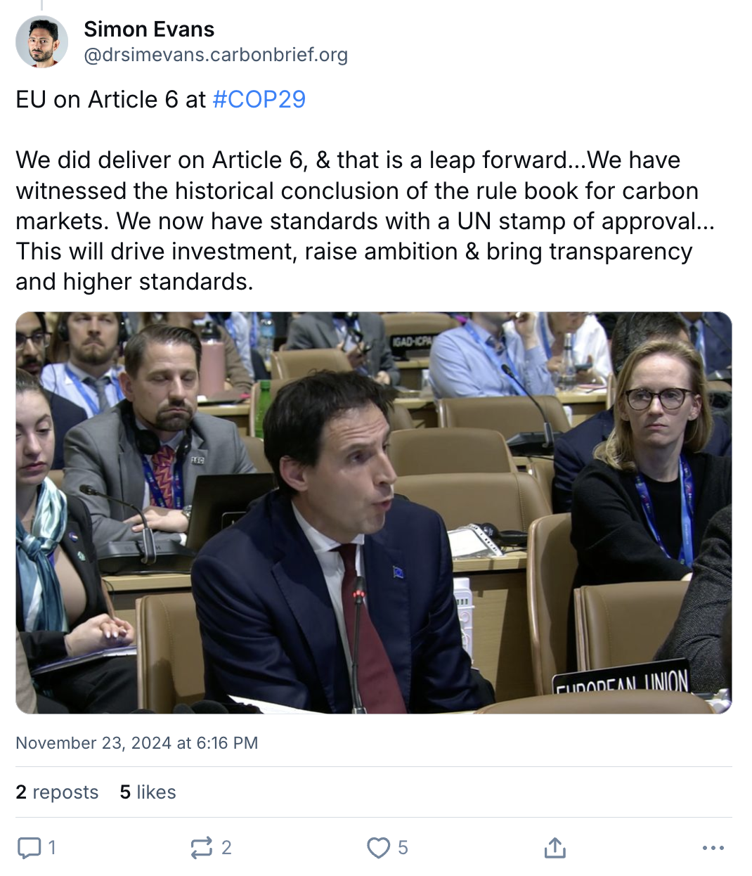 Simon Evans on Bluesky: EU on Article 6 at COP29